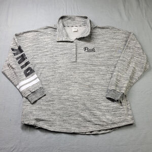 Pink Victoria Secret 1/4 Button Shirt Women Size L Gray Heather Spell Out Sleeve